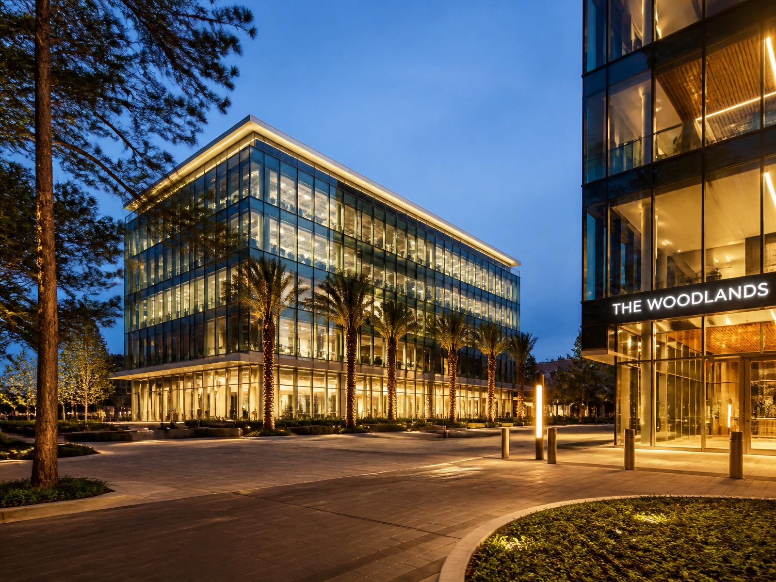 Modern business district in The Woodlands, Texas at dusk