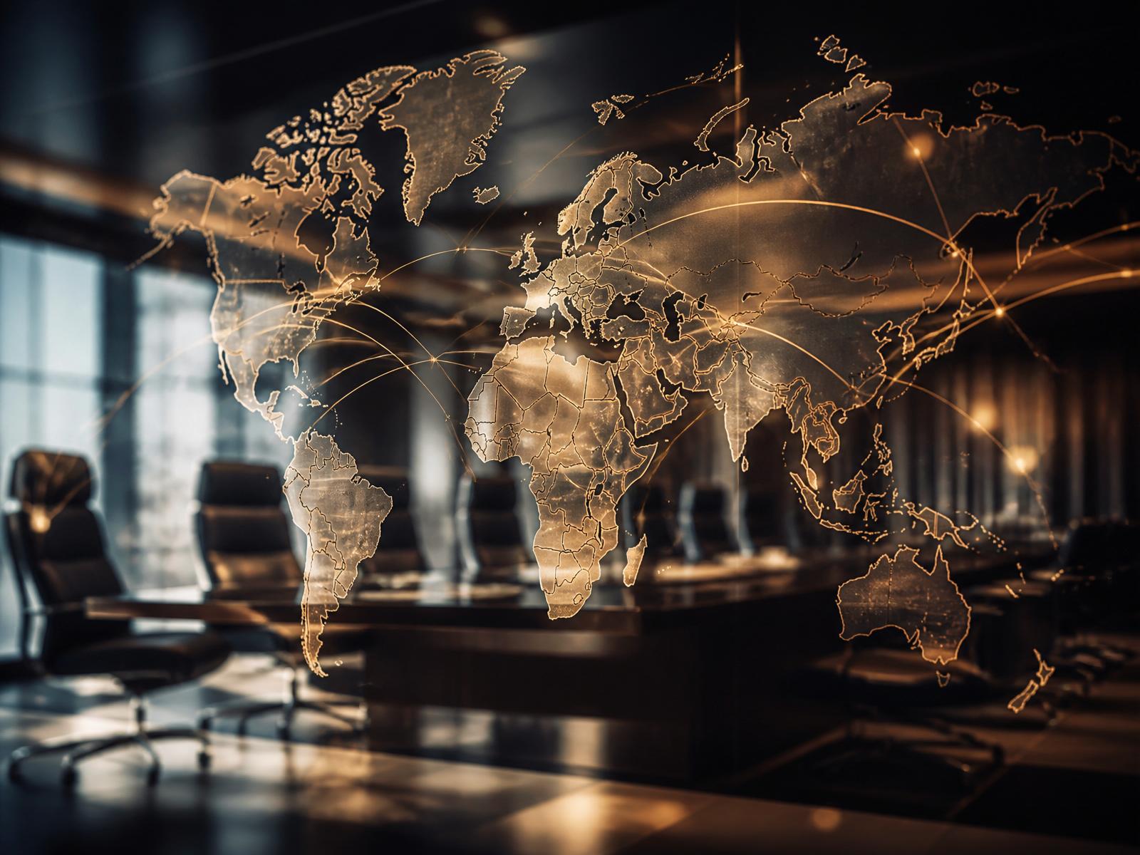 Global business connections illustrated across an executive boardroom